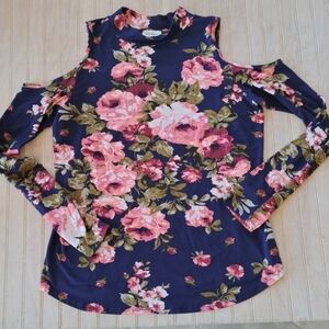 Free Kisses Cold Shoulder Long Sleeve Stretchy Pink Roses Floral Top.